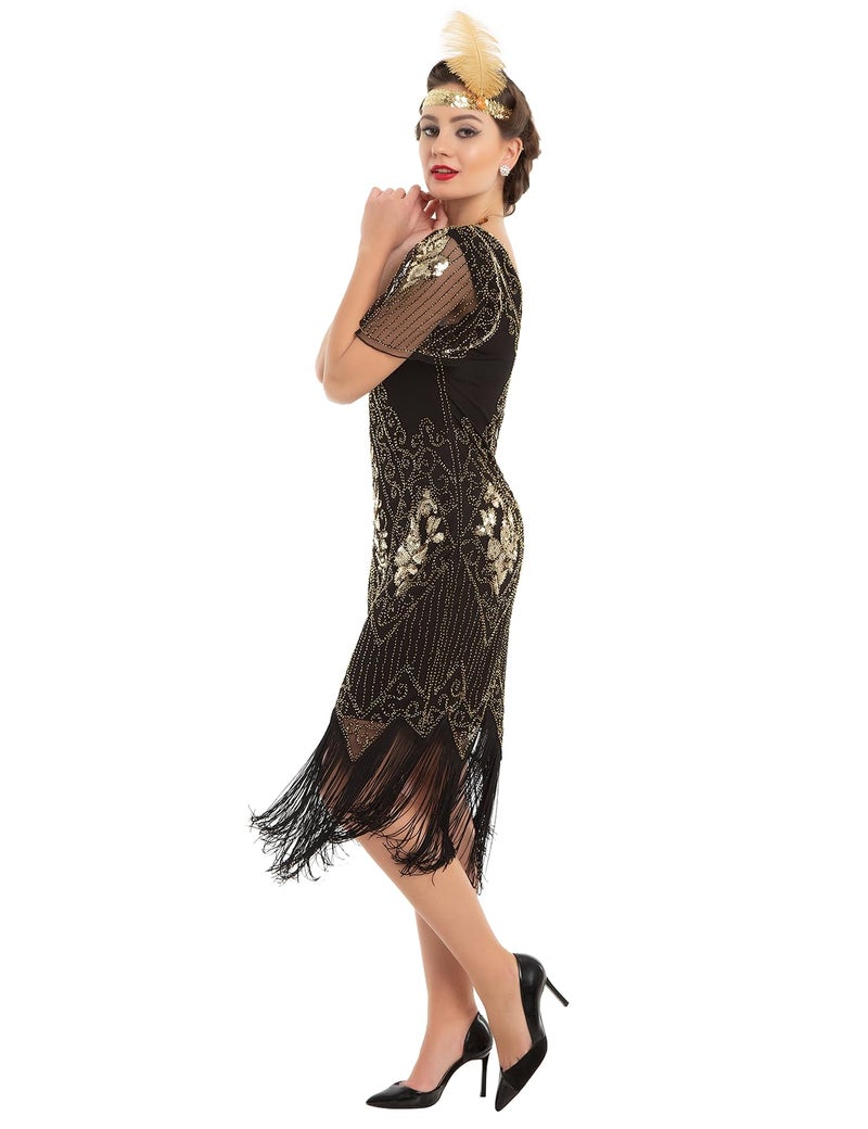 PrettyGuide Women's Flapper Dress Sequin Fringed Cocktail Gatsby Dress with Sleeve M Gold - Image 3